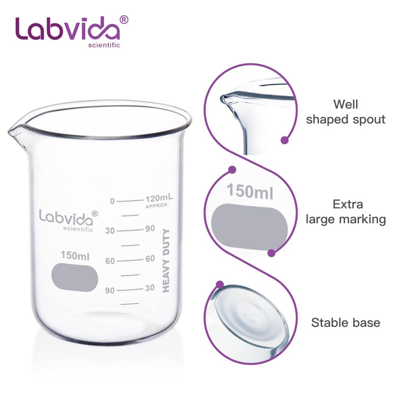 Labvida 6pcs 150ml Upgrated Thick Glass Beakers, Griffin Low Form Beaker Set with Doube Scale, 3.3 Boro, LVA006 - Image 2
